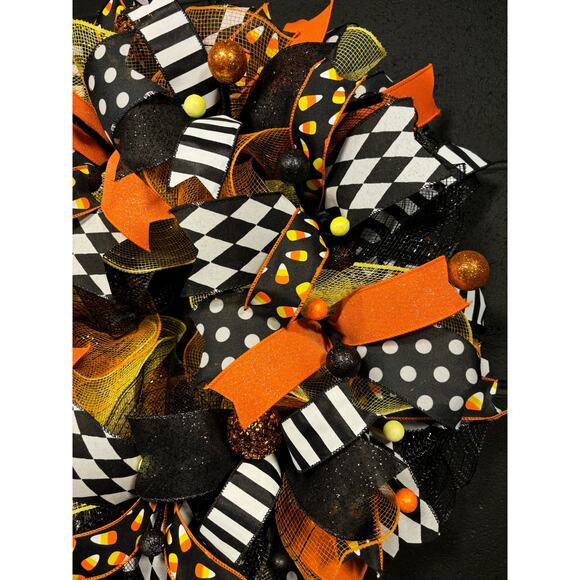 Halloween Wreath for Front Door~Black and Orange-Candy Corn~Handmade 22 inch - Picture 3 of 7